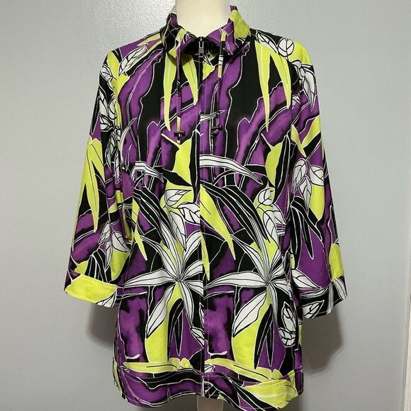Additions by Chico's Womens Full Zip Jacket Neon Green Purple Leaf Print Sz 3(L) - Picture 2 of 7
